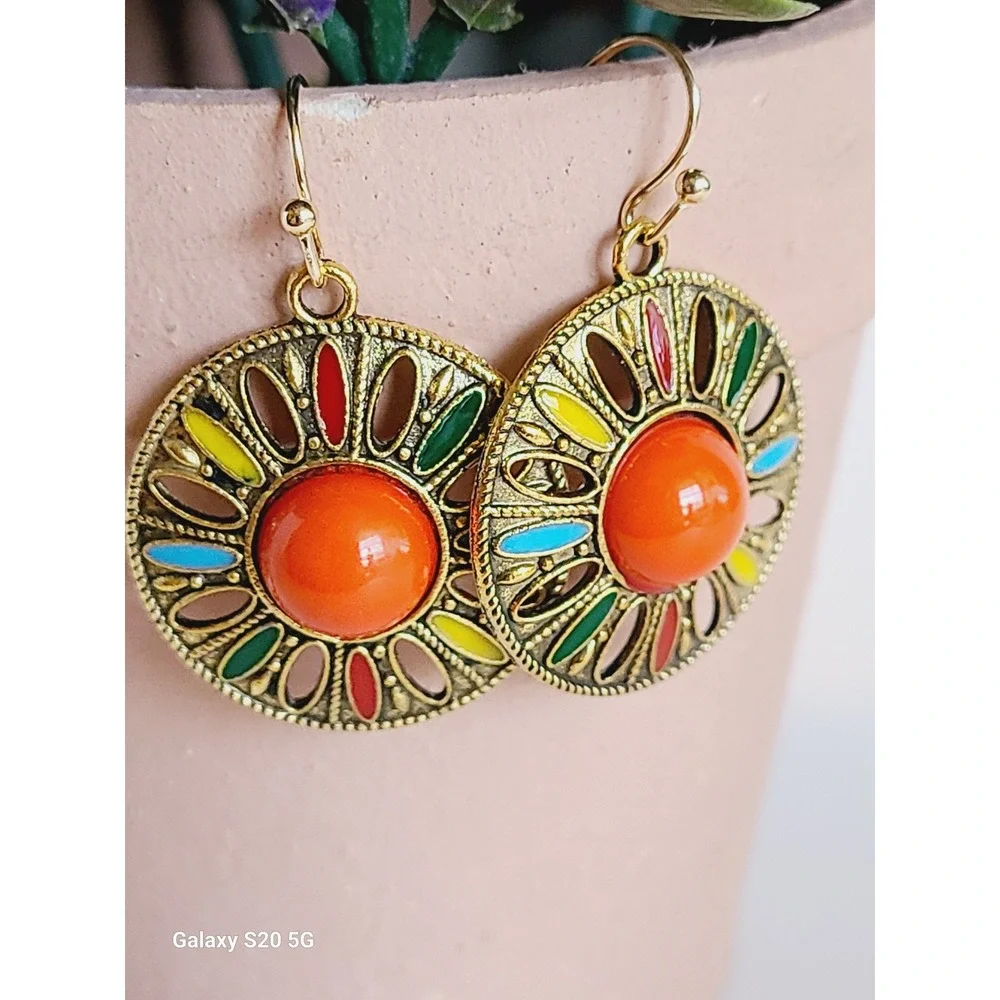 Gold Tone‎ Multi Color Enamel Sunburst Boho Drop Earrings Orange Cabochon Round